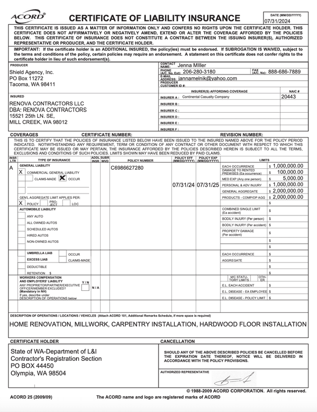 Insurance Certificate