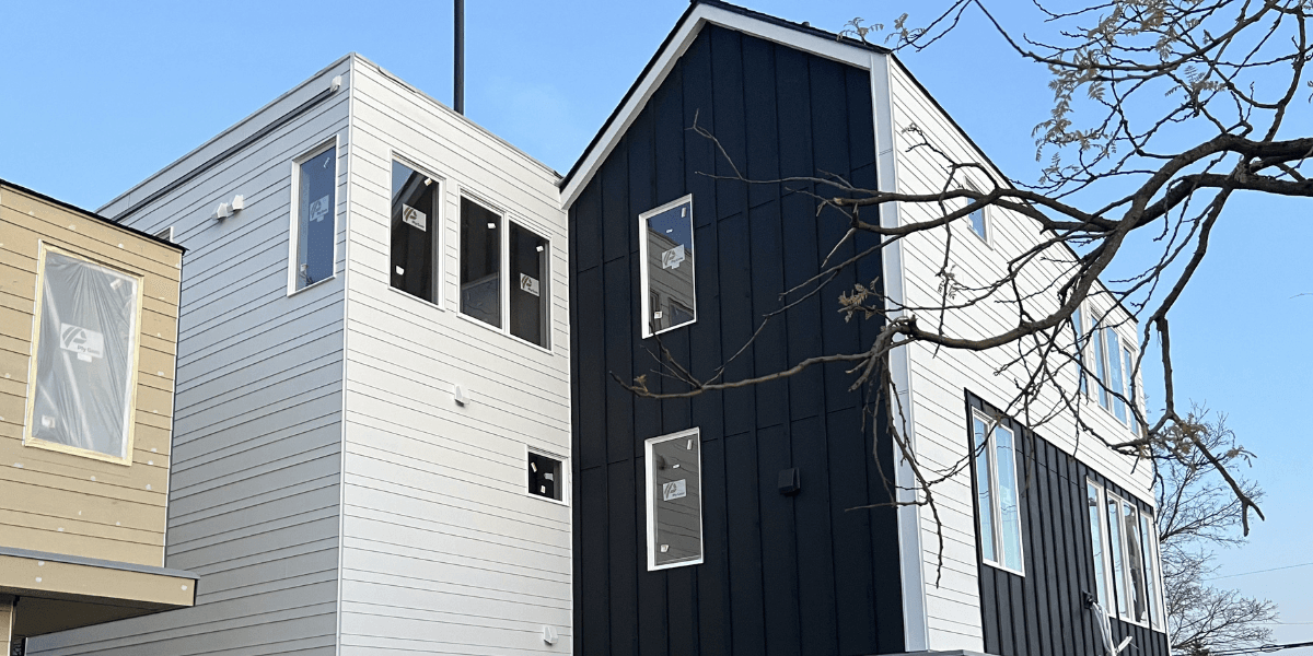Modern home with contrasting white and dark vertical siding